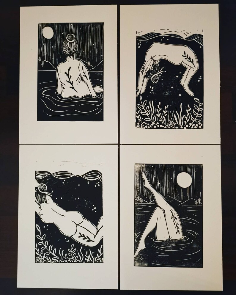 Water Art Moonlit Swim Skinny Dip Print Wild Swimmer Gift Mini Water Collection Lino Prints Wild Swimming Art Scottish Artist