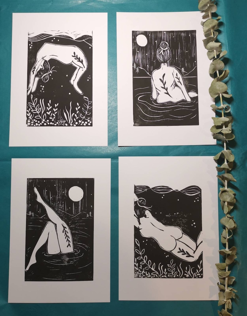 Water Art Moonlit Swim Skinny Dip Print Wild Swimmer Gift Mini Water Collection Lino Prints Wild Swimming Art Scottish Artist