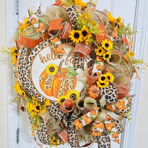 Hello Fall Glitter Orange Pumpkin Front Door Wreath, Leopard Bow Autumn Wreath, Rustic Porch Decor, Cheetah Door Swag, Mesh Harvest Wreath
