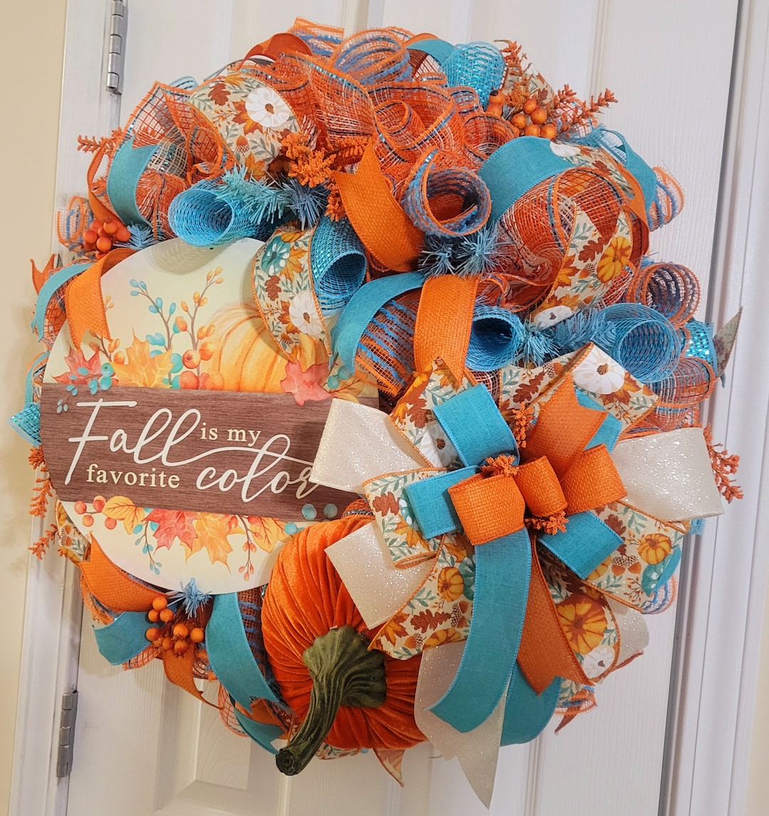 Fall Decor, Orange & Teal/turquoise Fall Wreath, Autumn Door Decor Fall