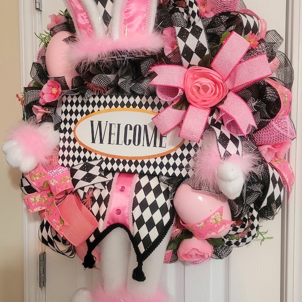 Harlequin Print Easter Bunny Wreath with Pink Accents, Perfect for Spring and Easter Season
