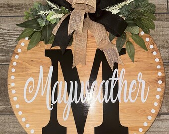 Personalized Last Name Initial Door Hanger: Welcome Home Wreath