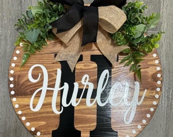 Personalized Last Name Initial Door Hanger: Welcome Home Wreath