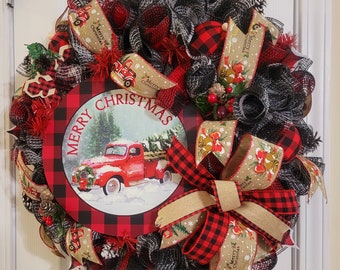 Merry Christmas Wreath, Front Door Decor, Holiday Wreath, Vintage Red Truck Wreath, Christmas Decor, Rustic Door Hanger