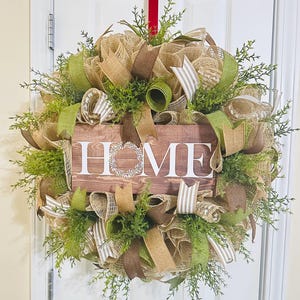 Wreath for Front Door, Year Round Farmhouse Wreath, Natural Greenery Burlap Wreath, Home Sign, Front Door Decor