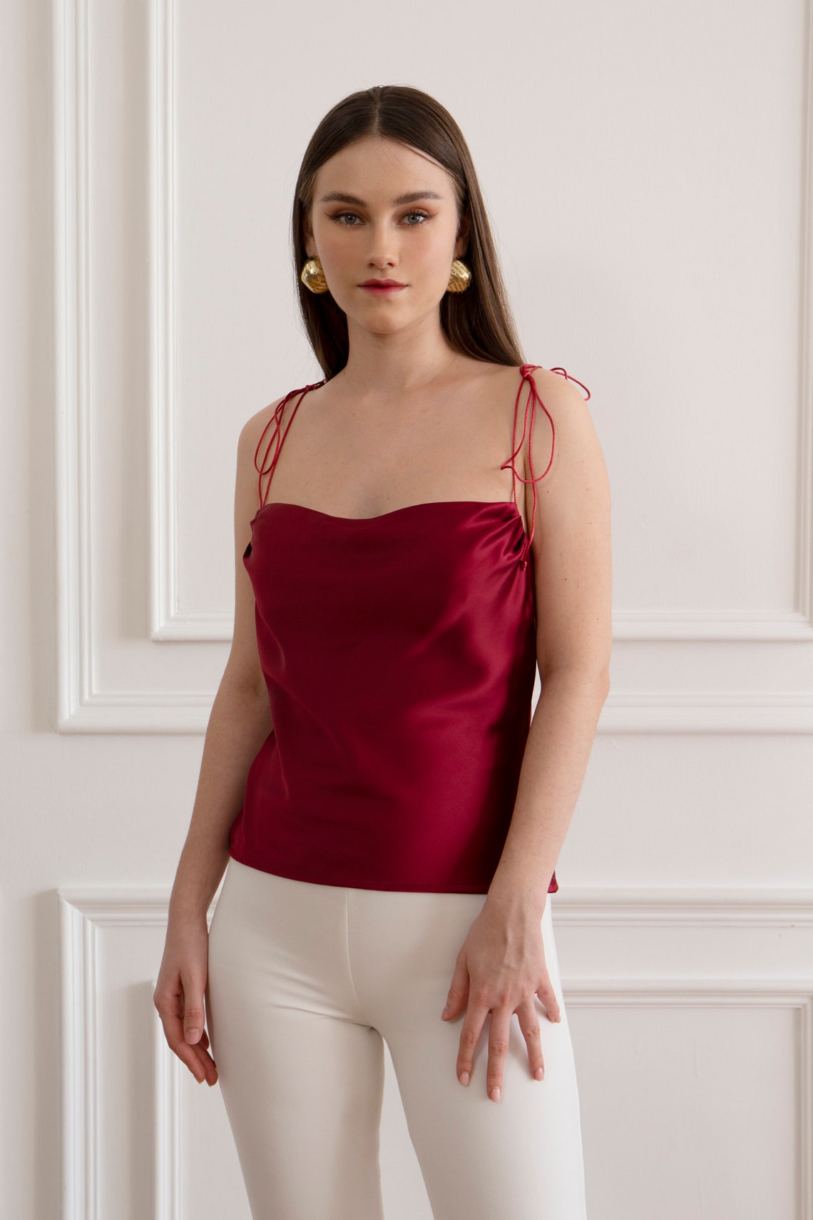 Dark red satin top Satin tanks top Satin Cowl neck Etsy