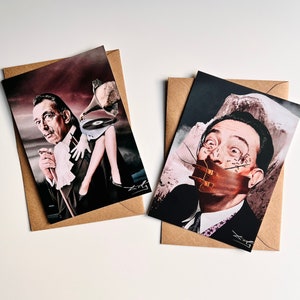 Cartoline di Salvador Dalì, collage surreale, cartolina in formato A6, piccola stampa, eccentrica, unica, compleanno, artista surrealista, amico, inaugurazione della casa
