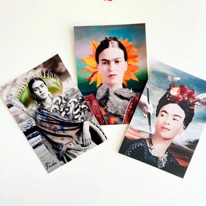 Cartoline Frida Kahlo 2, collage surreale, cartolina con caratteri piccoli, regalo unico per compleanno pagano, femminista, riempitivo per calza della Befana