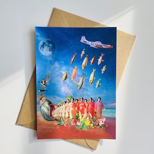 Frauenermächtigung 60er 70er Vintage Stil Postkarte, Vintage Retro Krankenschwester Fisch Vogel Mond Pop Art Weibliche Power Feminist Weihnachtsstrumpffüller