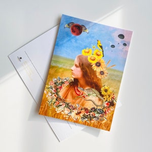 Carte postale de Style vintage tournesols dame des années 60 et 70, cadeau d'amant tournesol rétro vintage Pop Art puissance féminine féministe remplisseur de bas de Noël