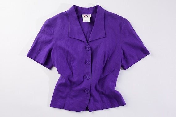 Vintage 80s Linen purple button front top - image 1