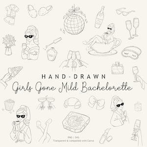 May include: A hand-drawn illustration with the text "Girls Gone Mild Bachelorette." The image contains line art of champagne glasses, pizza, a disco ball, and women in robes, suggesting a celebration.