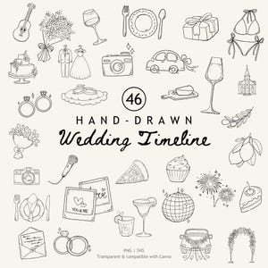 May include: A collection of hand-drawn wedding-themed illustrations in black and white. The image includes a wedding dress, rings, cake, champagne glasses, and the text "Wedding Timeline".