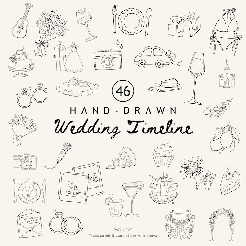 Hand Drawn Wedding Timeline Icons: Whimsical Doodle Art (SVG & PNG ...