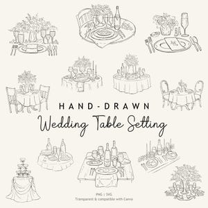 Puede incluir: Ilustraciones dibujadas a mano de arreglos de mesas de boda, con diferentes diseños de mesas con centros florales, cristalería y cubertería. El texto dice "Hand-Drawn Wedding Table Setting" e incluye información del tipo de archivo.