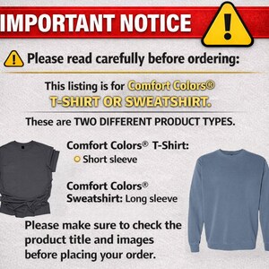 a warning notice about a product listing for two different product types: a short sleeve T-shirt and a long sleeve sweatshirt. The notice advises customers to carefully read the product descriptions before placing an order.