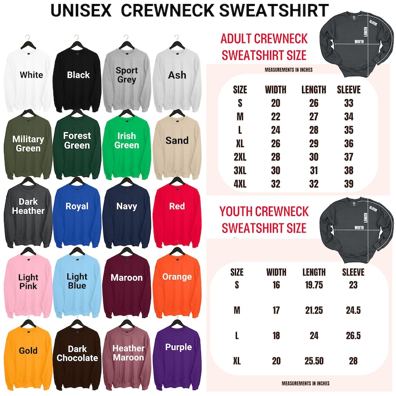 The image is a collage of various crewneck sweatshirt designs, each with different colors and sizes, along with their corresponding measurements in inches.