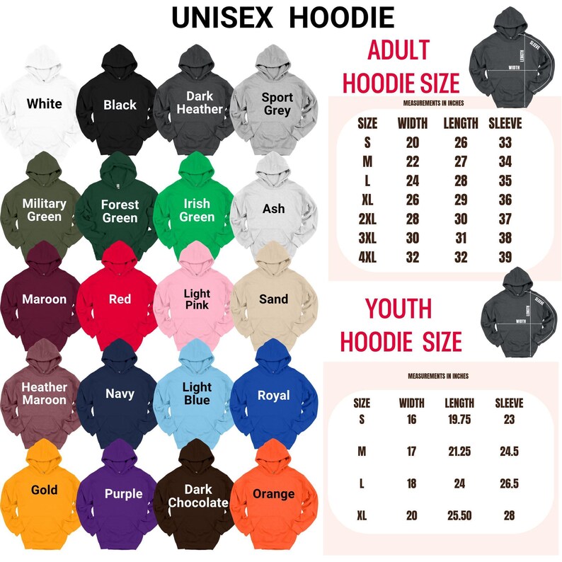 a collection of various colored adult hoodies, including white, black, green, ash, and others, along with their corresponding sizes and measurements.