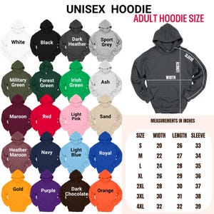 a collection of adult hoodie sizes and colors, including white, black, dark grey, sport grey, green, ash, green, forest green, red, light pink, sand, light blue, royal, navy, light blue, purple, dark chocolate, orange, and gold. The image also includes measurements for each size and sleeve length, providing a visual guide for selecting the appropriate size and color for the viewer.