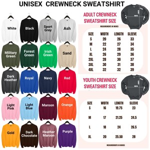 a collection of colorful crew neck sweatshirts in various sizes and colors, along with their corresponding measurements in inches.