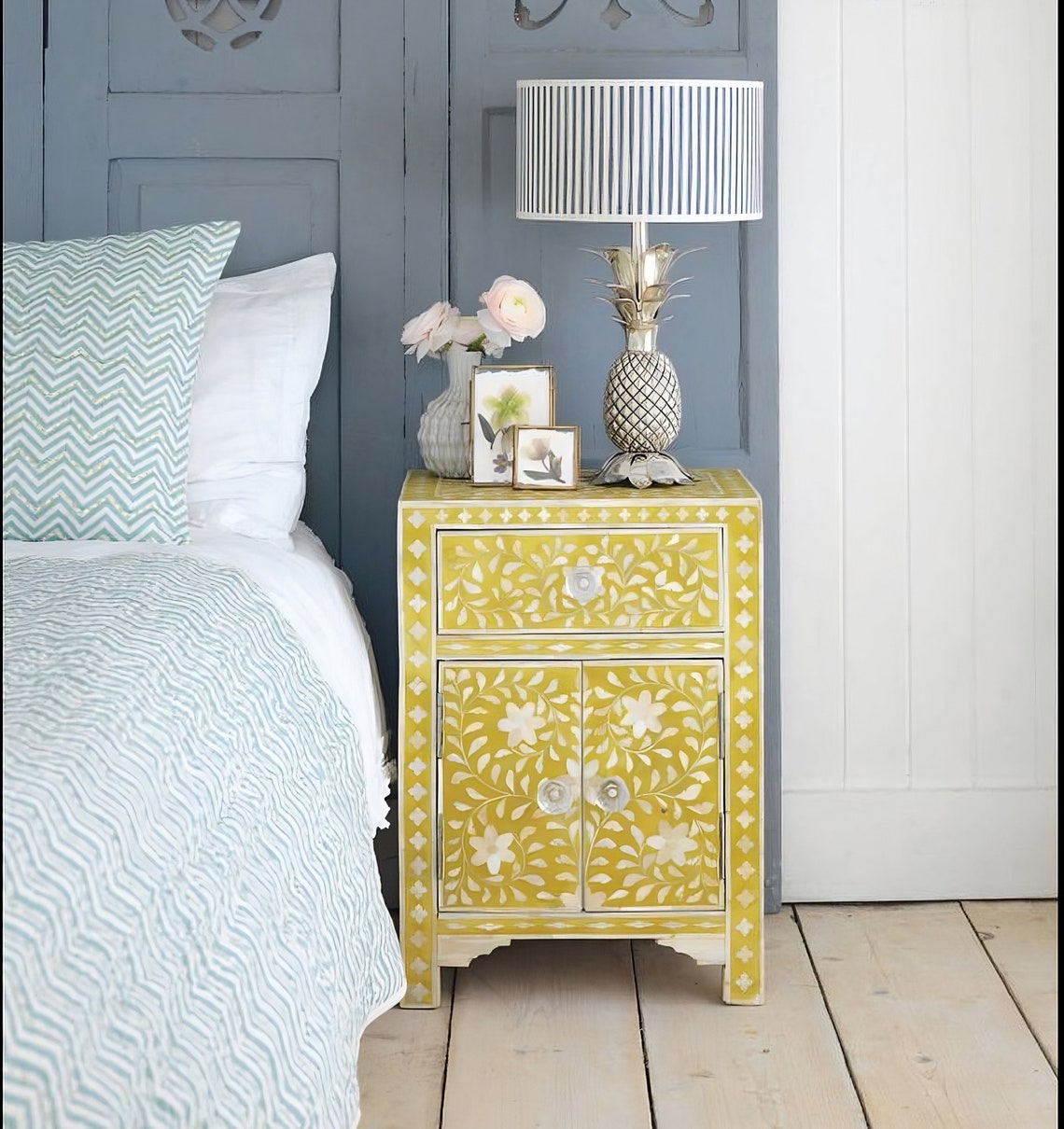 Combo of 2pcs of Yellow Bedside Table Bone Inlay Commode Bone Etsy