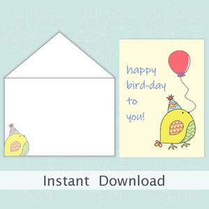 Cartão de feliz aniversário, cartão para impressão, Cartão de aniversário para download, Impressão de pássaros, cartão para crianças, Modelos de cartão e envelope, Cartões DIY, PDF