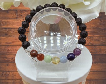 Chakra 7 Bead Lava Bracelet, Genuine Gemstones, meditation, yoga, self-awareness, prayer, balance energies chakras, spiritual, 8mm,