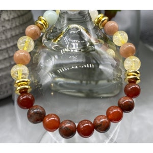 Pulsera de piedras preciosas Harmony, jaspe rojo genuino, cornalina, amazonita, piedra solar, citrino, hematita, 8 mm, tarjetas con información sobre piedras preciosas