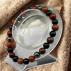 Spiritueller Schutz Edelstein Armband, Echter Roter Jaspis, Jet, Schwarzer Obsidian, Hämatit, Schwarzer Turmalin, Grade A +, 6 mm oder 8 mm, Info-Karte