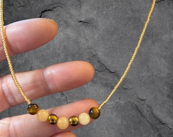 Confidence Gemstone Necklace, Genuine Grade A+ Tiger Eye, Honey Calcite, and Hematite Gemstones, 18" in length, bead size is 8mm