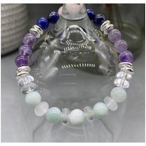 Migrainearmband, echte amethist, lapis lazuli, seleniet, rozenkwarts, angelietkristallen, kraalgrootte 8 mm, infokaarten kristal