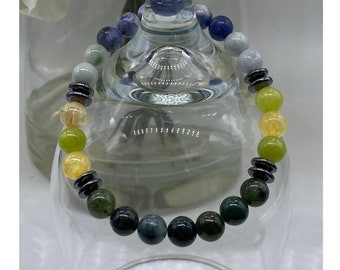 Kidney-Bladder Crystal Bracelet, Genuine Moss Agate, Citrine, Jadeite, Sodalite, Chrysoprase, and Peridot Crystals, Bead size is 8mm