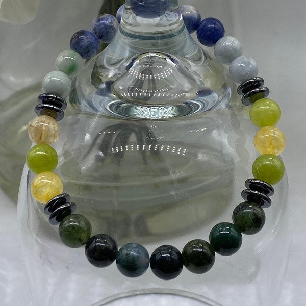 Kidney-Bladder Crystal Bracelet, Genuine Moss Agate, Citrine, Jadeite, Sodalite, Chrysoprase, and Peridot Crystals, Bead size is 8mm