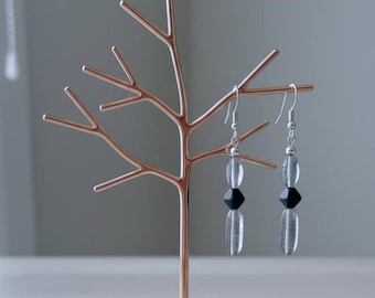 Boho Blue & Black Crystal Earrings, Hematite Silver Bead Dangle Earrings, Elegant Gift for Women