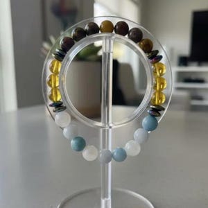 Hot Flash-steunarmband | Maansteen, aquamarijn, pietersiet, citrien, larimar, hematiet | Handgemaakte edelsteensieraden