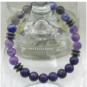 Bracciale per la pressione sanguigna, Labradorite autentica, Ametista, Sodalite, Charoite, Ematite, Elasticizzato con perline, 8 mm, Schede informative