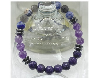 Blood Pressure Crystal Bracelet, Genuine Labradorite, Amethyst, Sodalite, Charoite, Hematite, Stretch Beaded Stretch, 8mm, Info Cards