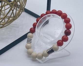 Mens Red and Cream Bracelet made with Genuine Red Coral and Cream Fossil Beads, quality grade A+, 10mm, Handcrafted and custom-made