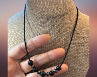 Protection Gemstone Necklace, with genuine Black Onyx and Hematite Gemstones, Bead 6mm, 8mm, 2mm Matted Black seed beads chain, handcrafted