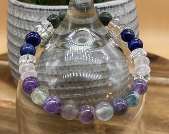 After Surgery Crystal Bracelet, Genuine Amethyst, Rainbow Fluorite, Lapis Lazuli, Heliotrope, and Selenite Crystals, 8mm, Crystal Cards