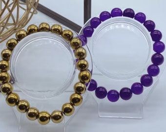 Luxurious Double Bracelet Set with Genuine Purple Jade and Gold Hematite Gemstones, choose bead size 6mm, 8mm, or 10mm, handcrafted