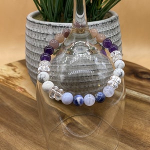 Anxiety-Insomnia Crystal Bracelet, Genuine Sodalite, Blue Lace, Lepidolite, Amethyst, and Moonstone Crystals, 8mm, Crystal Info Cards