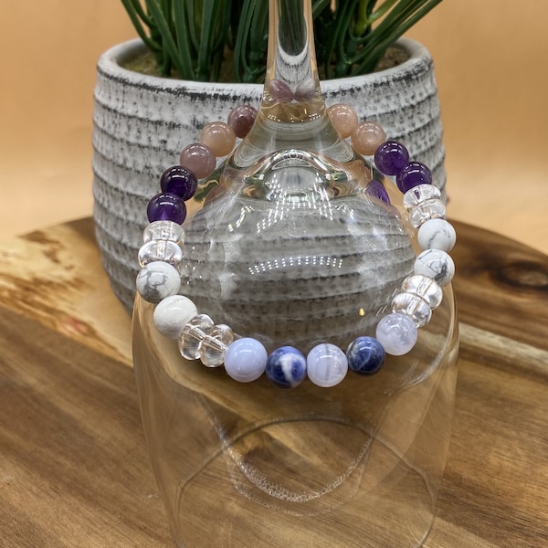 Anxiety Insomnia Crystal Bracelet, Genuine Sodalite, Blue Lace, Lepidolite, Amethyst, and Moonstone Crystals, 8mm, Crystal Info Cards