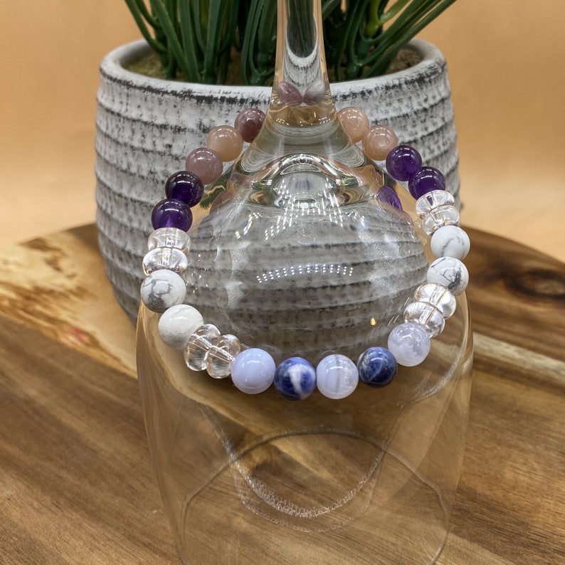 Anxiety-Insomnia Crystal Bracelet, Genuine Sodalite, Blue Lace, Lepidolite, Amethyst, and Moonstone Crystals, 8mm, Crystal Info Cards