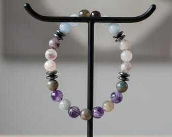 Bracciale per chiarezza mentale con pietre per concentrazione e calma - Regalo spirituale per donne e uomini: acquamarina, ametista, lepidolite autentiche