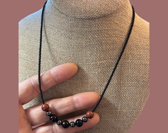 Spiritual Protection Gemstone Necklace, Genuine Red Jasper, Jet, Black Obsidian, Hematite, Black Tourmaline gemstone, Bead size is 8mm