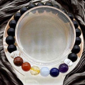 Custom Chakra Harmony 7 Bead Bracelet and energize your spirit, choice of bracelet beads, bead is 8 mm, 7 chakra beads, and clear quartz