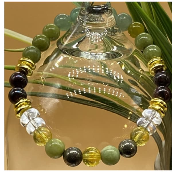 Prosperity and Financial Abundance Genuine Gemstone Bracelet, Pyrite, Citrine, Jade, Green Aventurine, Peridot, Garnet, 8mm, Handcrafted