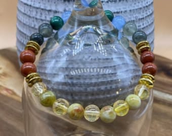 Diabetes Crystal Bracelet, Genuine Chalcedony-Malachite-Jasper-Heliotrope-Serpentine-Citrine Gemstones, Beaded Stretch, 8mm, Info Cards