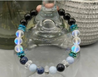 Lupus Crystal Bracelet, Genuine Dumortierite, Rhodonite, Aquamarine, Rainbow Aura, Quartz, Tourmaline Crystals, Bead 8mm, Crystal info cards